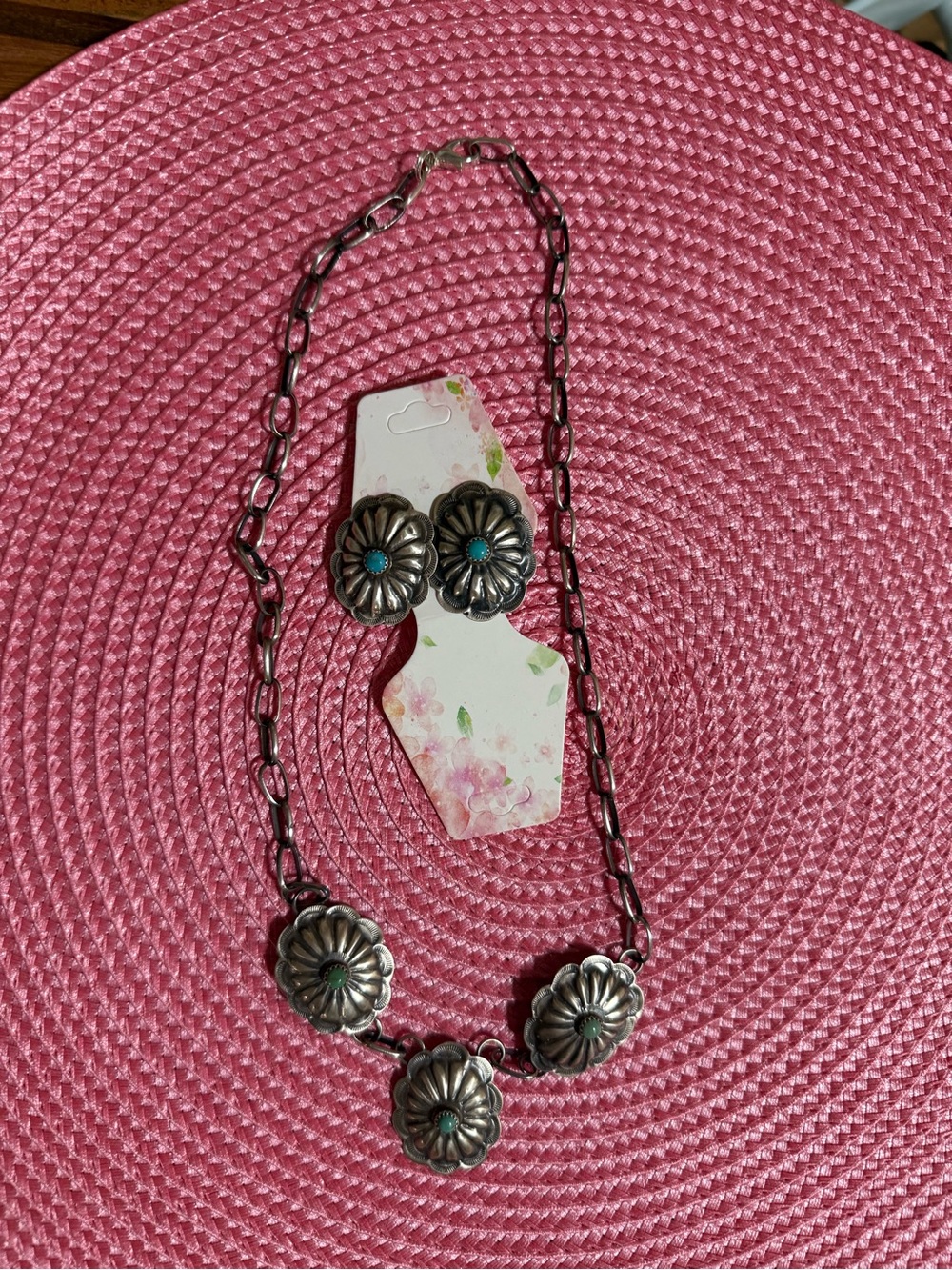 Native made Sterling Silver Concho Necklace & Earrings Set - Turquoise Accents